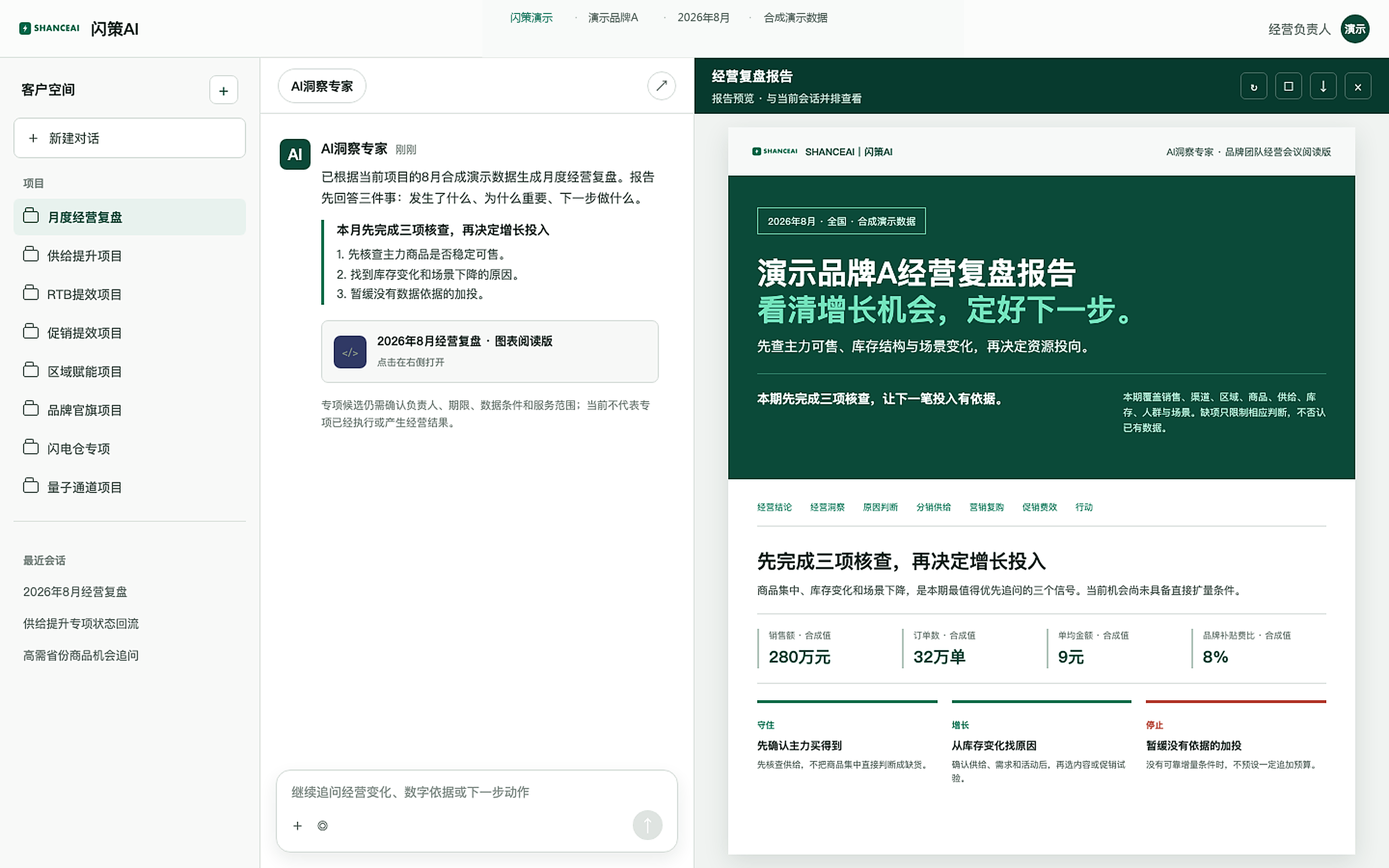 闪策AI产品页面示例，包含月度复盘、AI洞察专家问答和经营复盘报告。数据为合成演示数据。